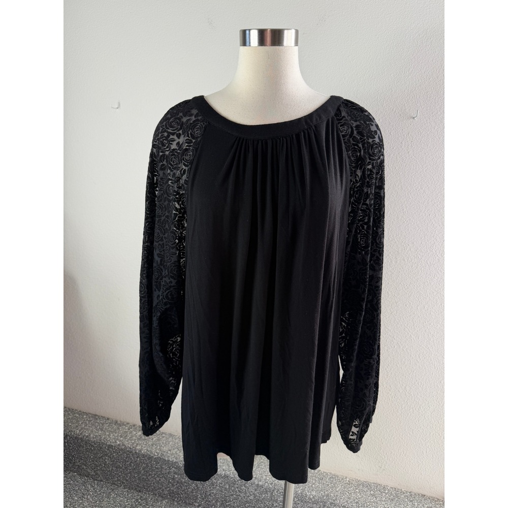Zac & Rachel Woman Plus 3X Black Top Sheer Rose Burnout Floral Long Sleeve